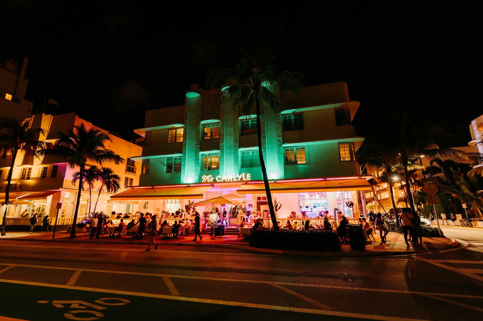 Stunning nightlife scene at The Carlyle, showcasing Miami Beach's vibrant atmosphere and Art Deco architecture.